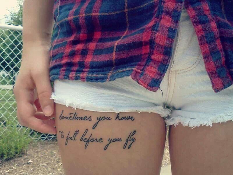 Wonderful flying Tattoo quotes on thigh