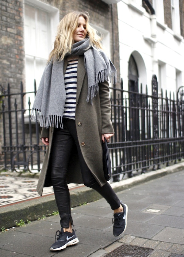 Le-Fashion-Blog-7-Ways-To-Wear-Stripes-In-Winter-Grey-Scarf-Striped-Knit-Coat-Leather-Pants-Nike-Sneakers-Lucy-Williams-Fashion-Me-Now