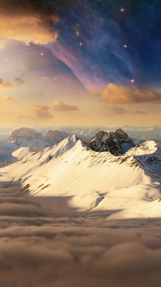 Sci Fi Nebula Sky Over Mountains iPhone 5 Wallpaper