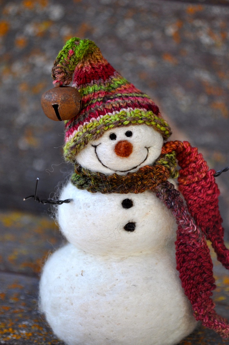 snowman with knitted hat and scarf