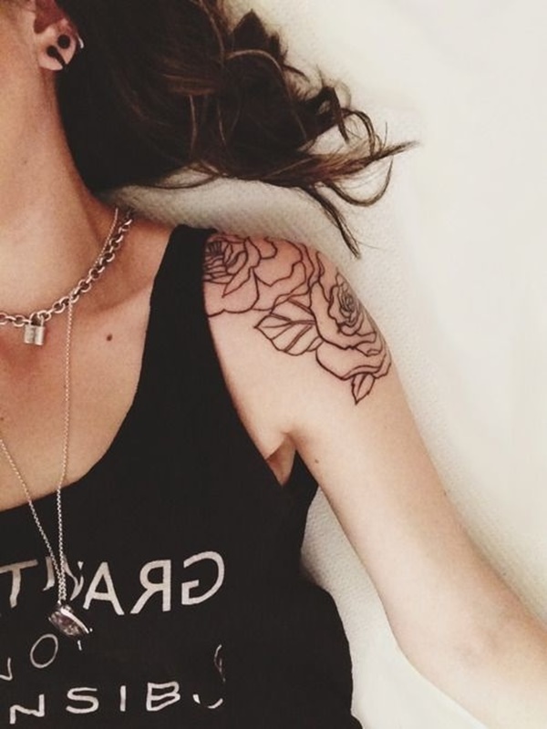 A rose outline is shown on the wearer's right shoulder in this simplified tattoo