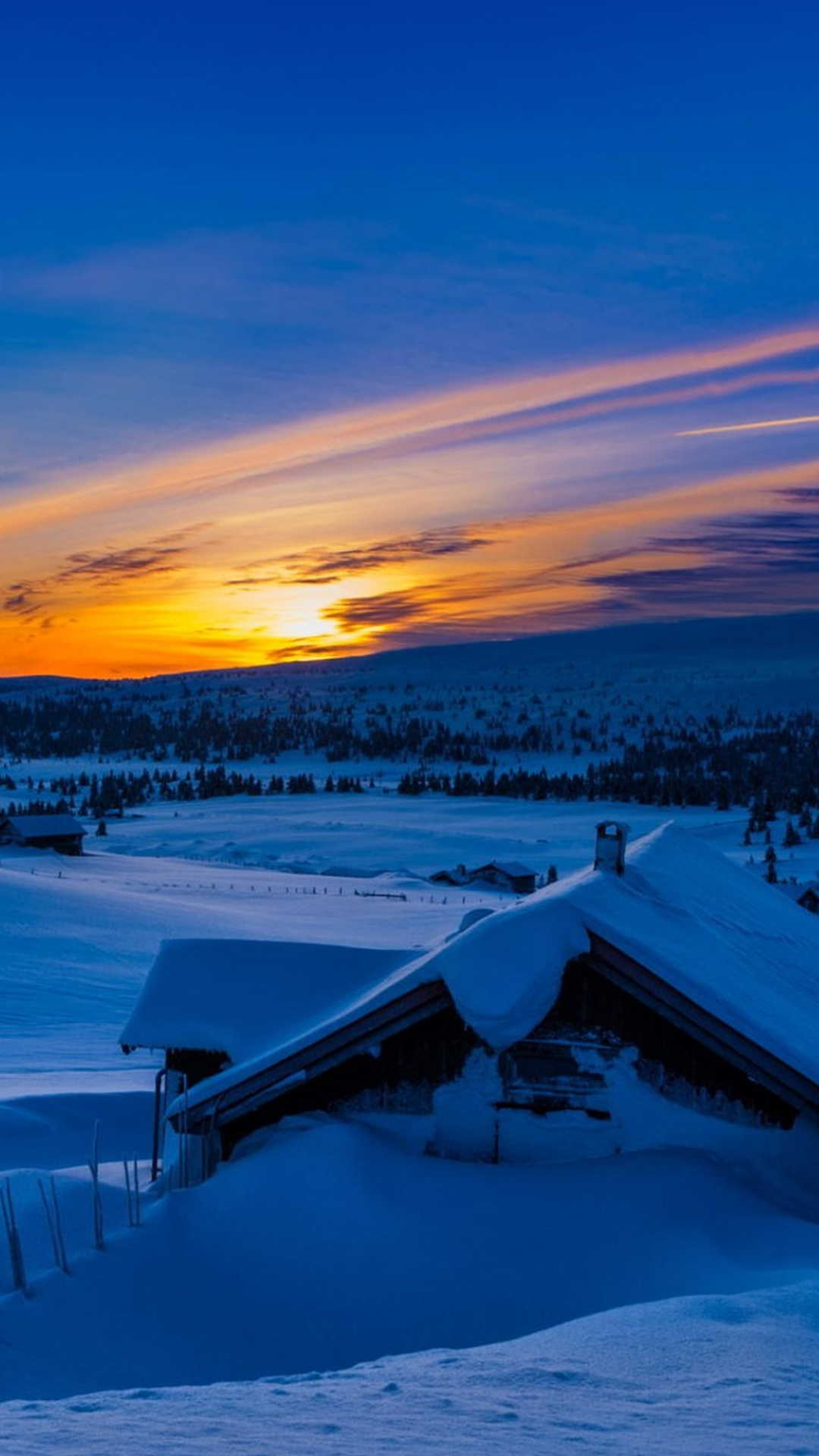 Beautiful Sunset Winter Chalet Snow iPhone 6 Plus HD Wallpaper