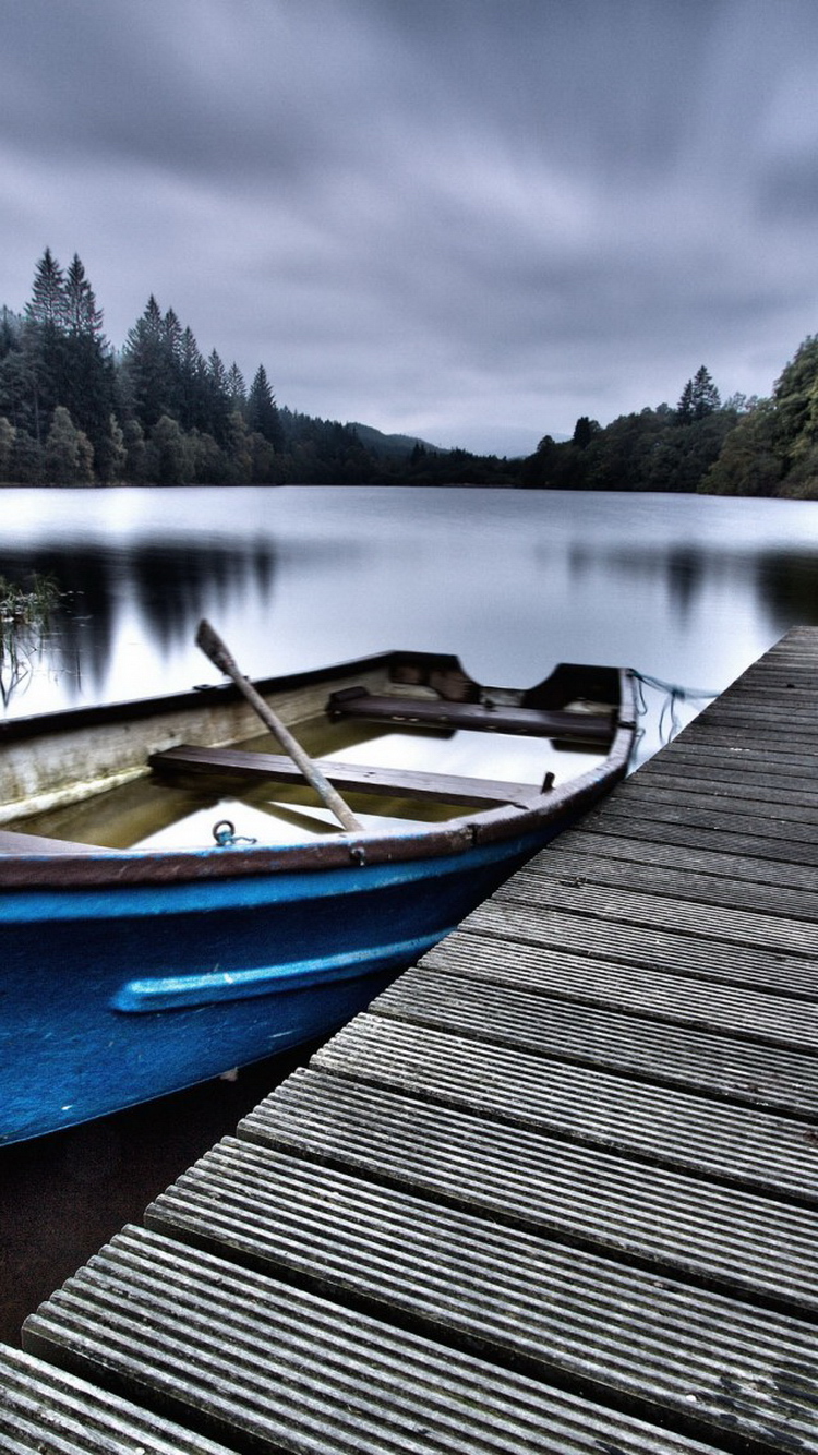 Calm Forest Lake Dock Row Boat iPhone 6 Wallpaper