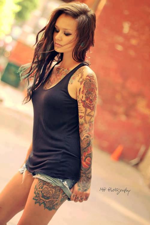 Inked girl, thigh tattoo, sleeve 1