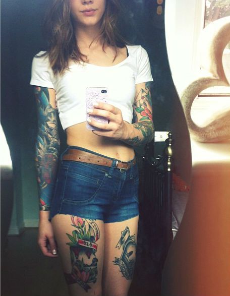 Inked girl, thigh tattoo, sleeve