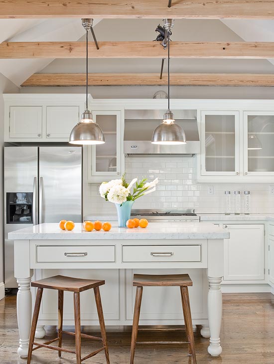White Kitchen with Wood Beam Ceiling